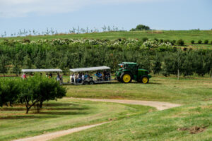 Wagon tour in orchard, Mountain Horticultural Crops Research Station